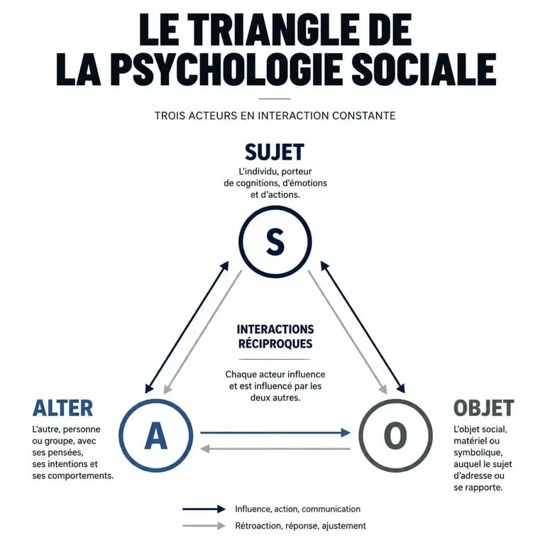Schéma illustrant le triangle de la psychologie sociale : sujet, objet et alter, pour comprendre la définition de la psychologie sociale.