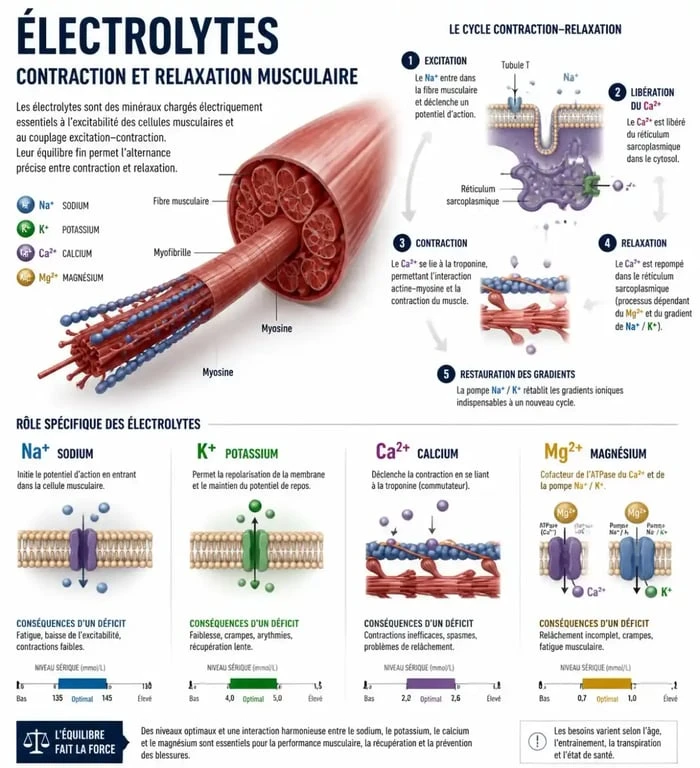 Infographie sur le rôle des électrolytes dans la prévention des crampes musculaires