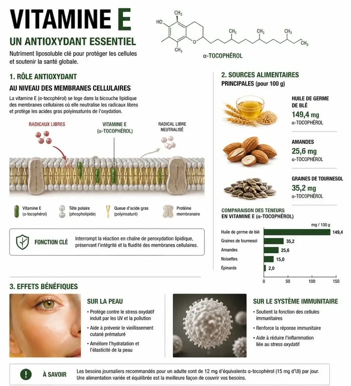 Infographie sur les bienfaits et le rôle de la vitamine E pour la santé