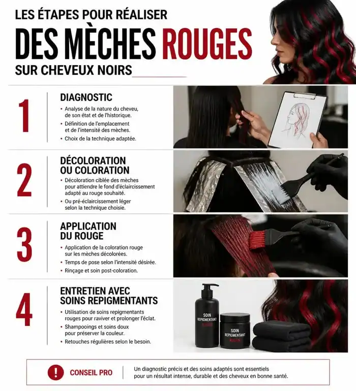 Infographie des étapes pour réussir ses mèches rouges sur cheveux noirs