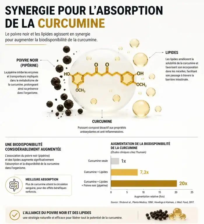 Infographie expliquant comment optimiser l'absorption du curcuma avec du poivre et des matières grasses pour maximiser ses bienfaits.