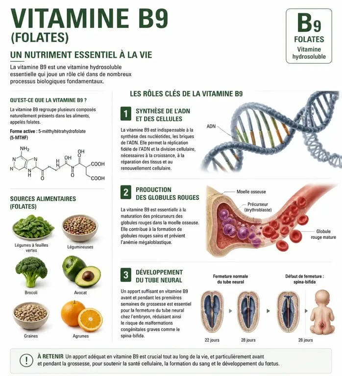 Infographie sur les bienfaits et rôles de la vitamine B9 dans l'organisme