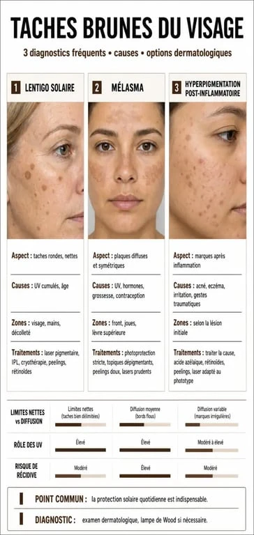 Infographie explicative sur comment enlever les taches brunes sur le visage et identifier leur origine