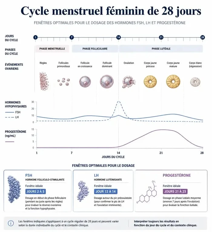 Infographie illustrant le moment idéal pour réaliser un bilan hormonal chez la femme selon le cycle menstruel