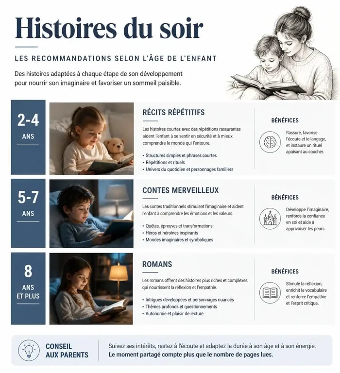 Infographie des recommandations d'histoires pour dormir selon l'âge de l'enfant
