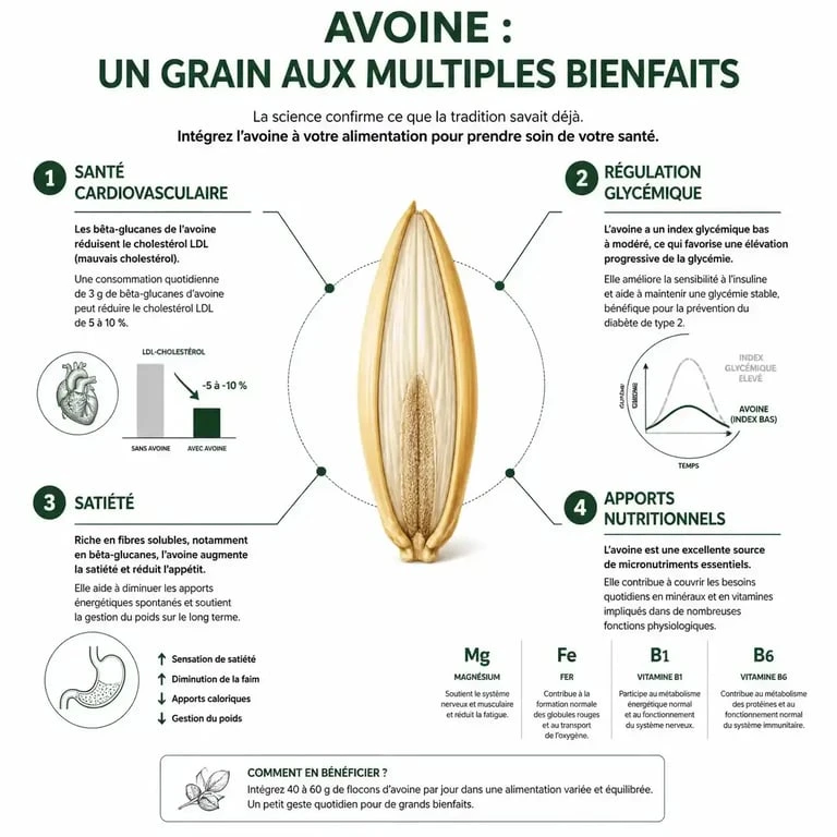 Infographie résumant les bienfaits de l'avoine pour la santé et ses propriétés nutritionnelles