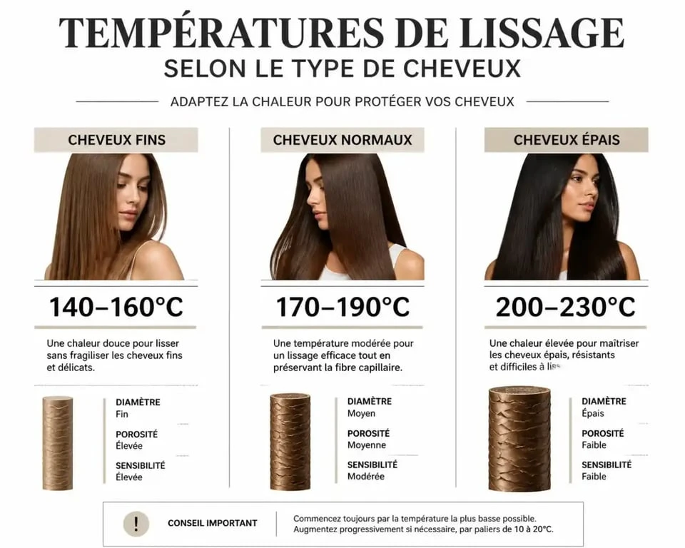 Tableau comparatif des températures idéales pour brosse lissante selon le type de cheveux