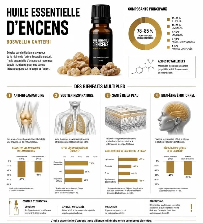 Infographie des bienfaits et propriétés de l'huile essentielle d'encens pour la santé et le bien-être