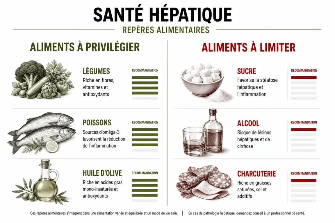 Infographie des aliments recommandés et à éviter pour la santé du foie et la gestion des kystes hépatiques