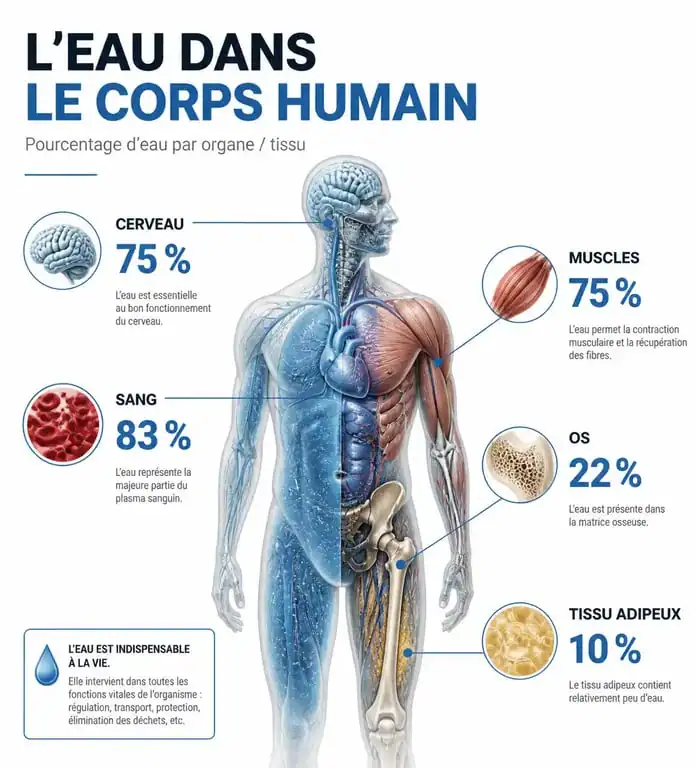 Infographie du pourcentage d'eau dans le corps humain et les organes