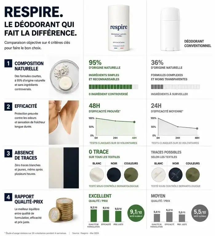 Infographie comparative des avantages et composition du déodorant Respire pour un avis éclairé