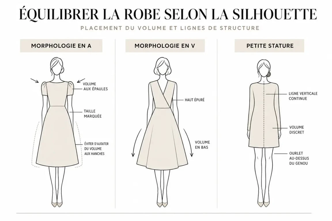 Infographie sur le choix d'une robe volumineuse selon la morphologie : conseils pour équilibrer sa silhouette.