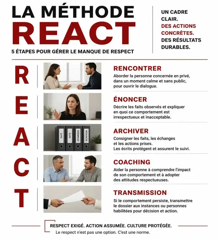Infographie de la méthode REACT pour gérer le manque de respect au travail et dans la vie personnelle