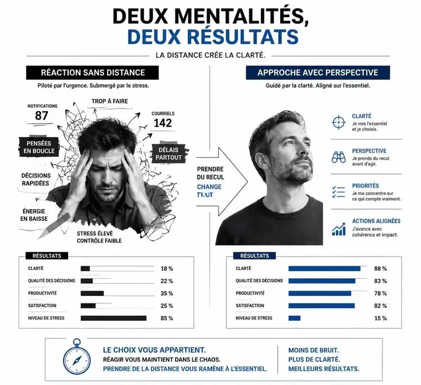 Infographie comparant la réaction sans recul et l'approche avec recul pour mieux prendre du recul au travail