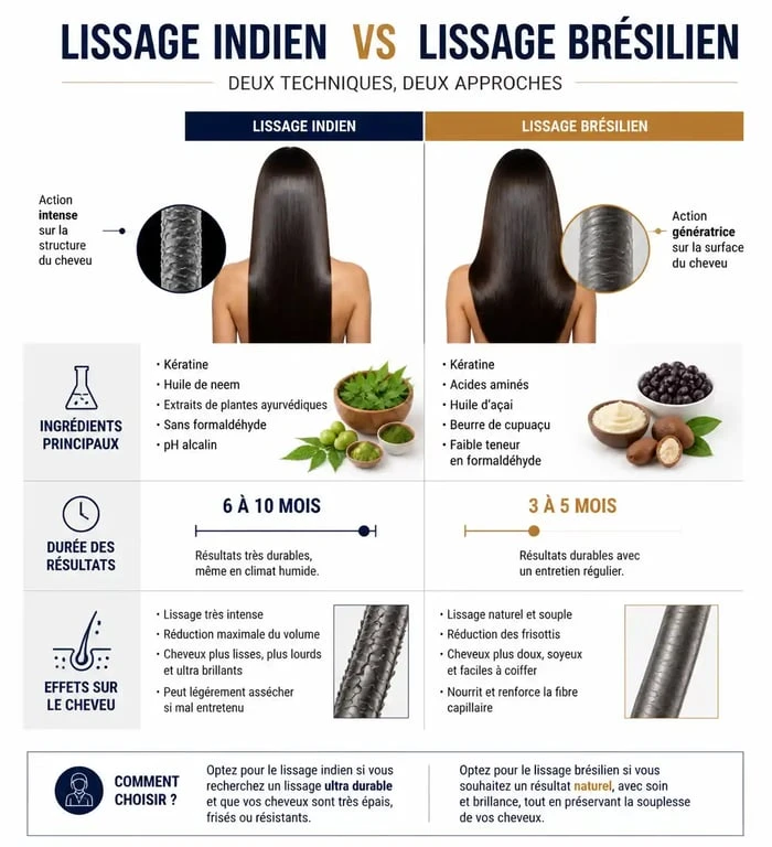 Infographie comparative des bénéfices et différences entre le lissage indien et le lissage brésilien pour les cheveux