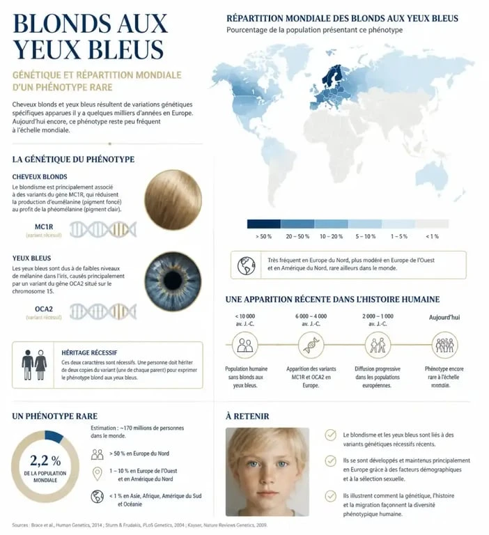 Infographie sur la génétique et la répartition géographique des blonds aux yeux bleus.