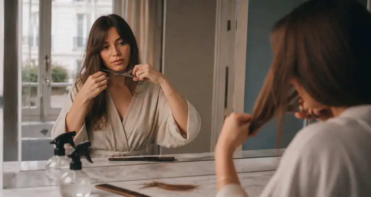 Femme qui coupe les cheveux elle-même