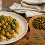Assiette protéines végétales ou animales : pois chiches, lentilles et œuf