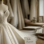 Robe de mariée princesse en atelier, volume tulle et mikado, bustier ajusté