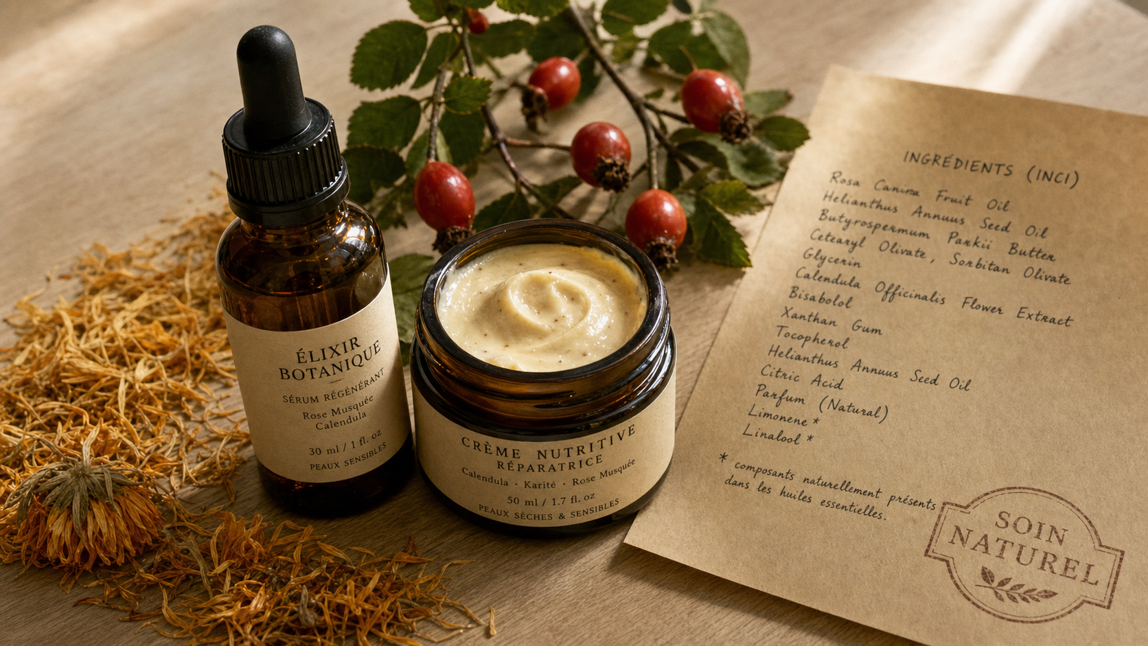 Soin au naturel : sérum et crème naturels sur table en bois