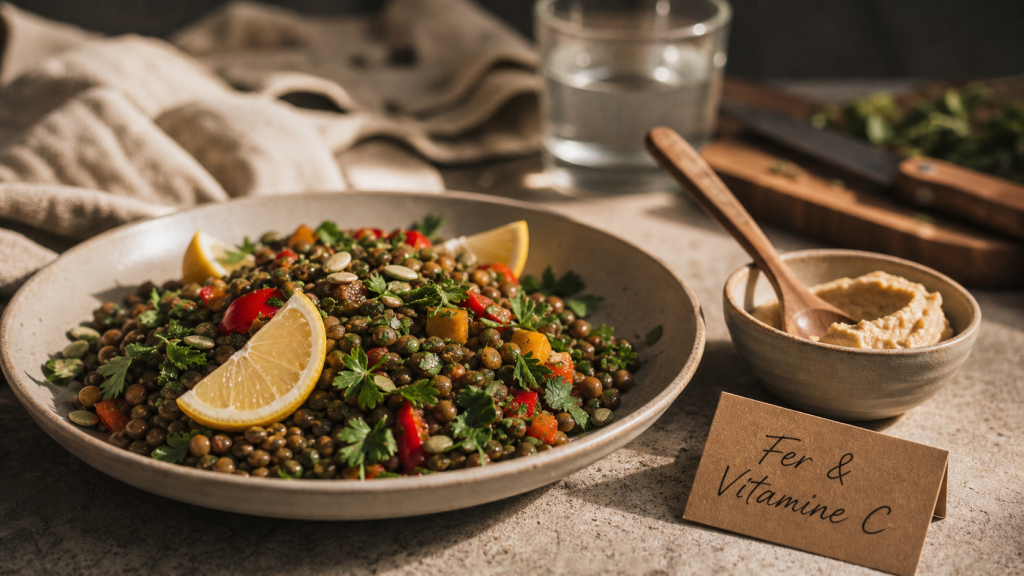 Aliments avec beaucoup de fer : salade de lentilles et vitamine C