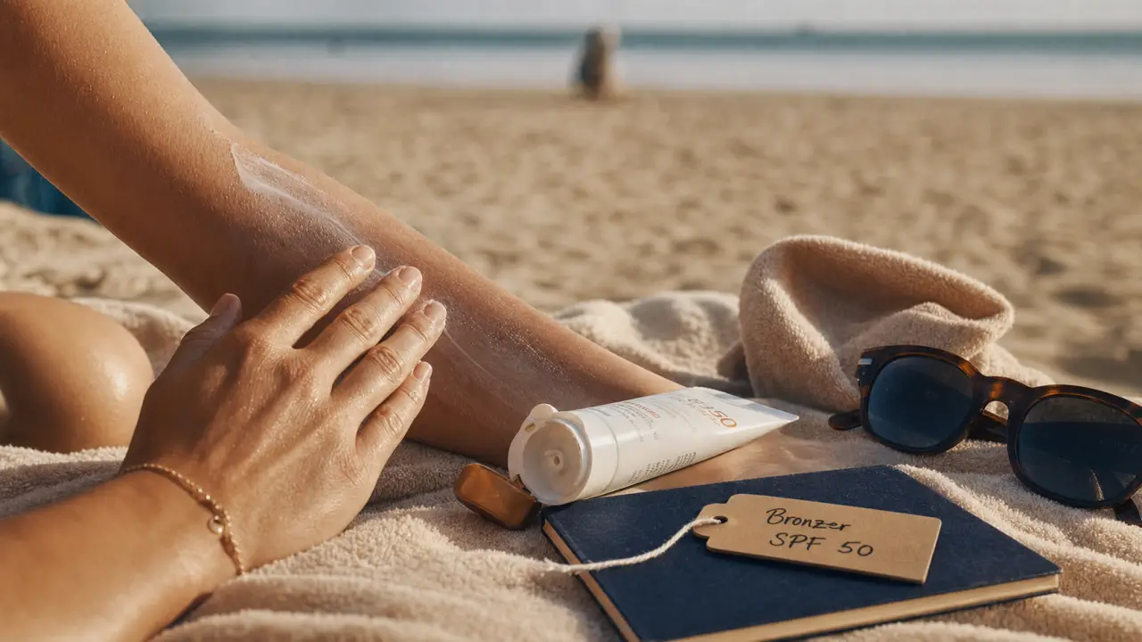 Combien de temps pour bronzer avec indice 50 : application crème SPF 50 sur plage