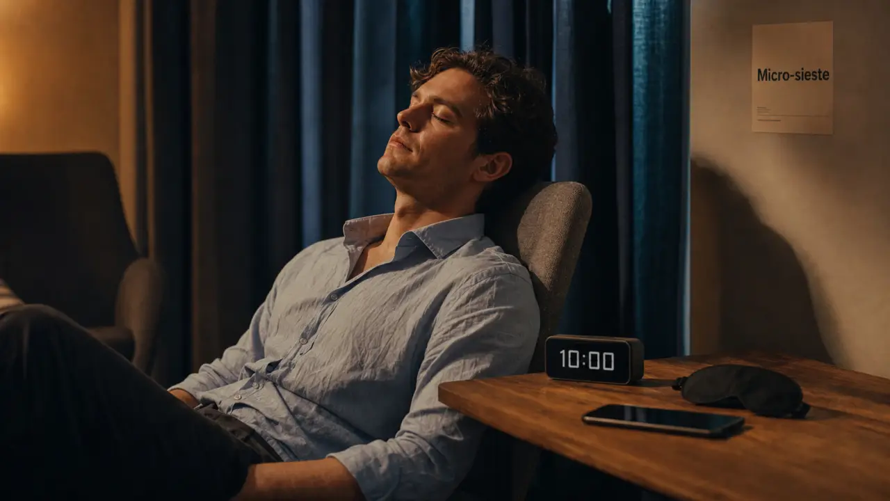 Comment faire une micro sieste : homme repos 20 minutes, réveil numérique 10:00