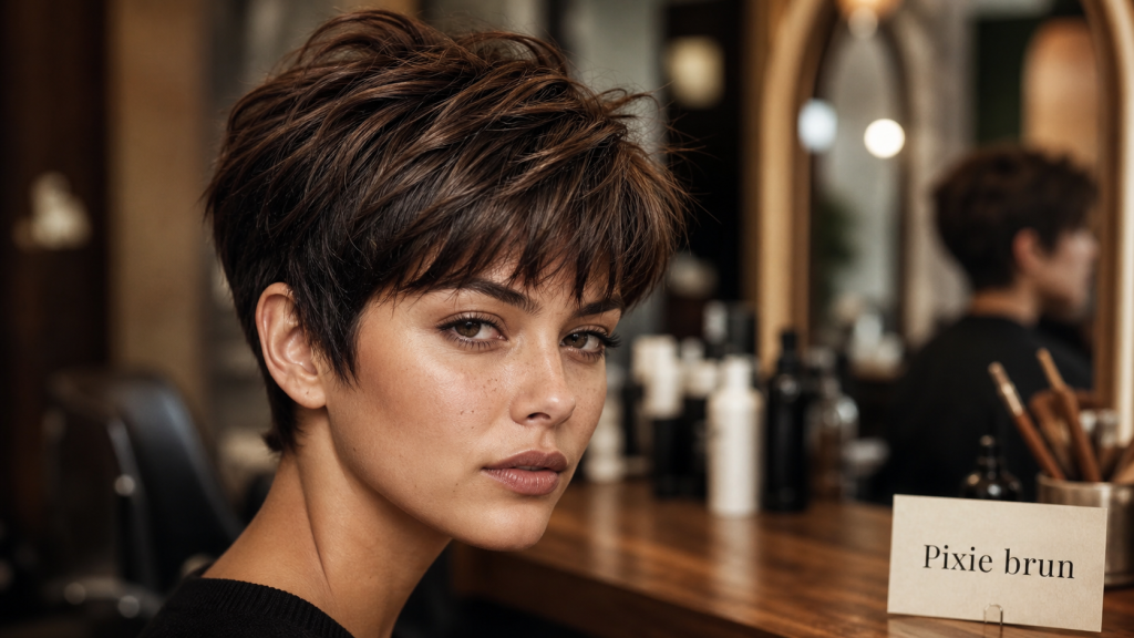 Coupe courte brune pixie texturée et frange