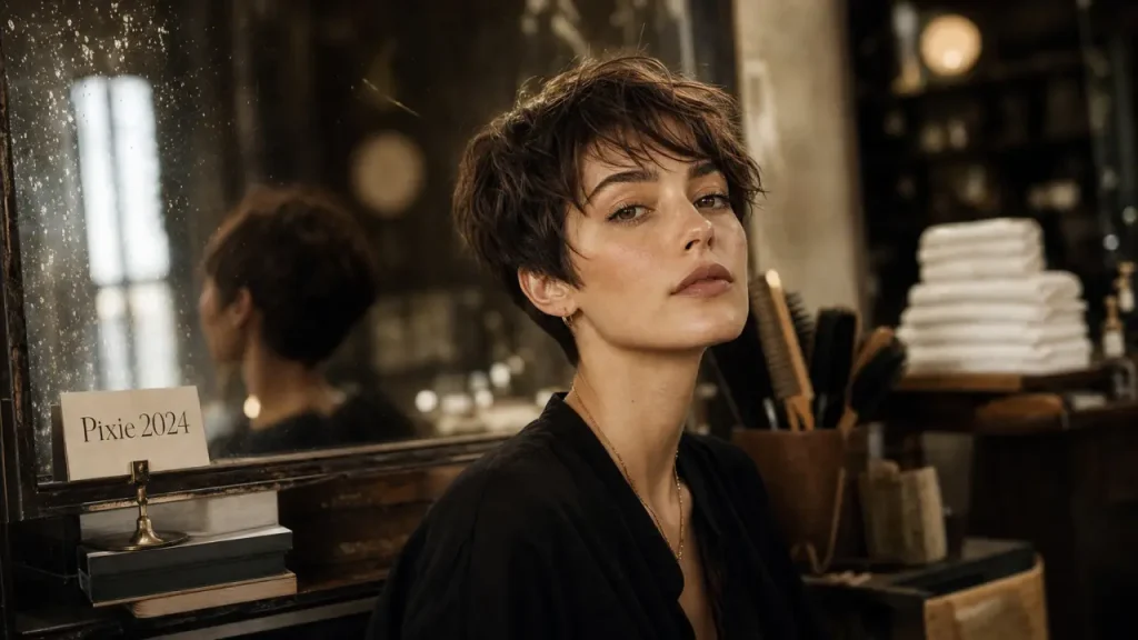 Coupe pixie 2024 : pixie longue femme au style court, nuque courte, frange effilée