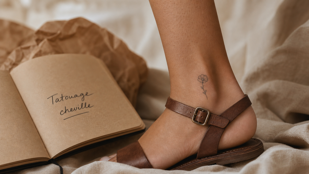 Discret tatouage cheville femme, motif fin à la cheville, vue de côté
