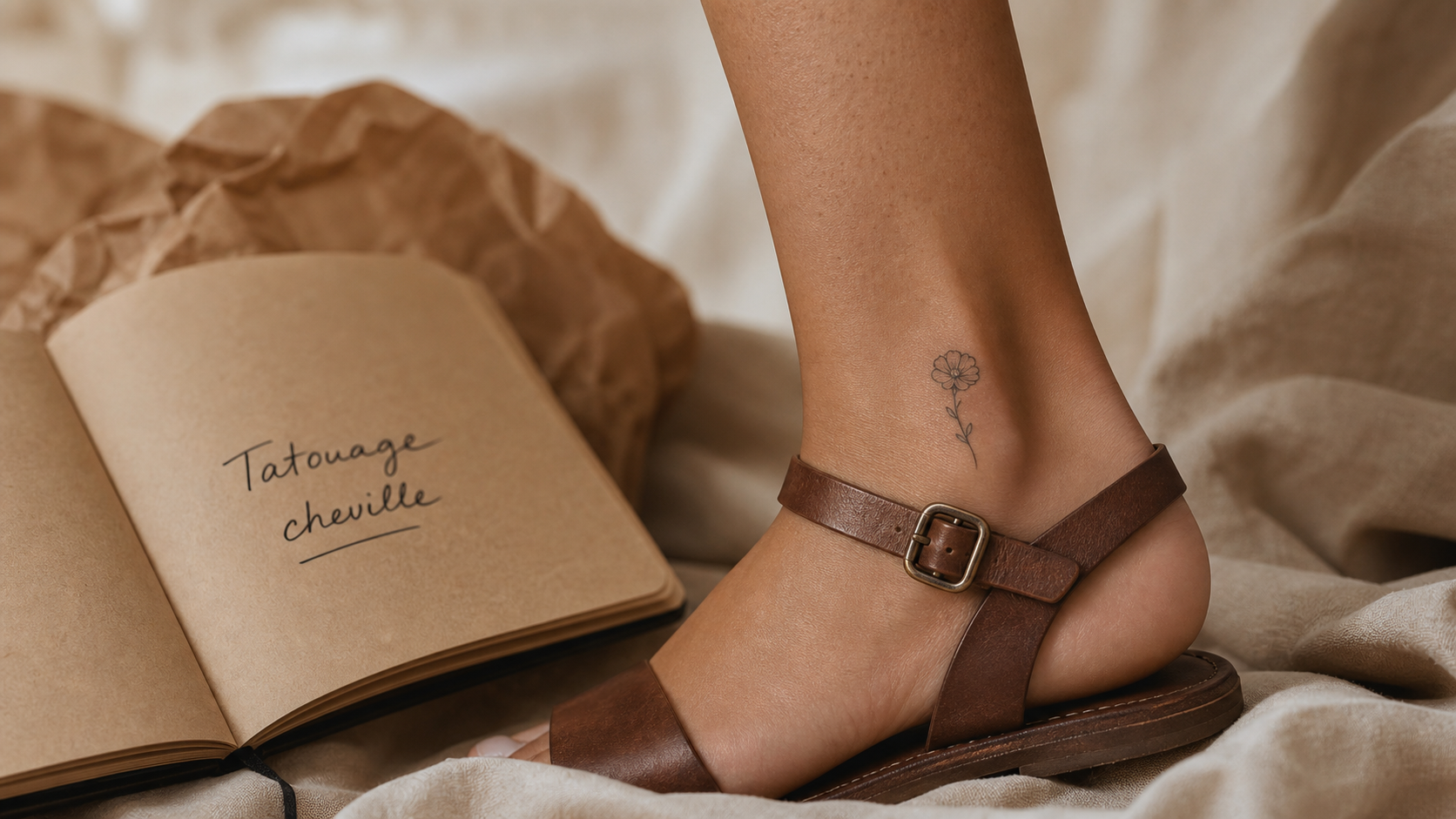 Discret tatouage cheville femme, motif fin à la cheville, vue de côté
