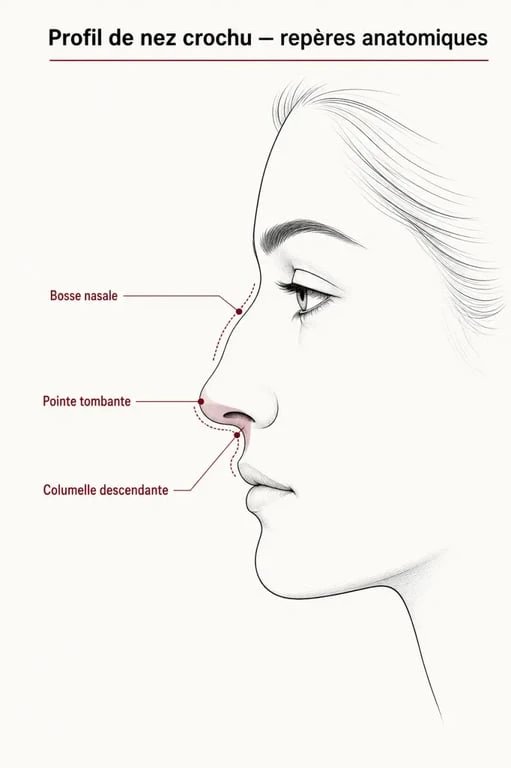 Schéma anatomique expliquant les caractéristiques d'un nez crochu chez la femme