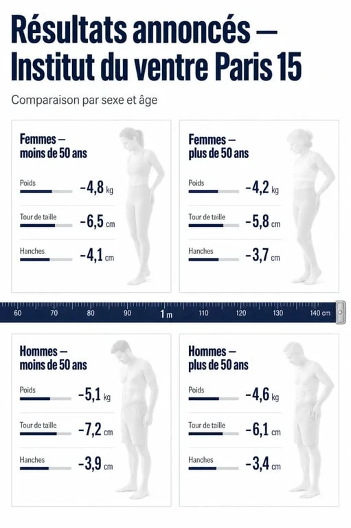Résultats de l’Institut du ventre Paris 15 comparés par profil, avec pertes moyennes de poids et de tour de taille