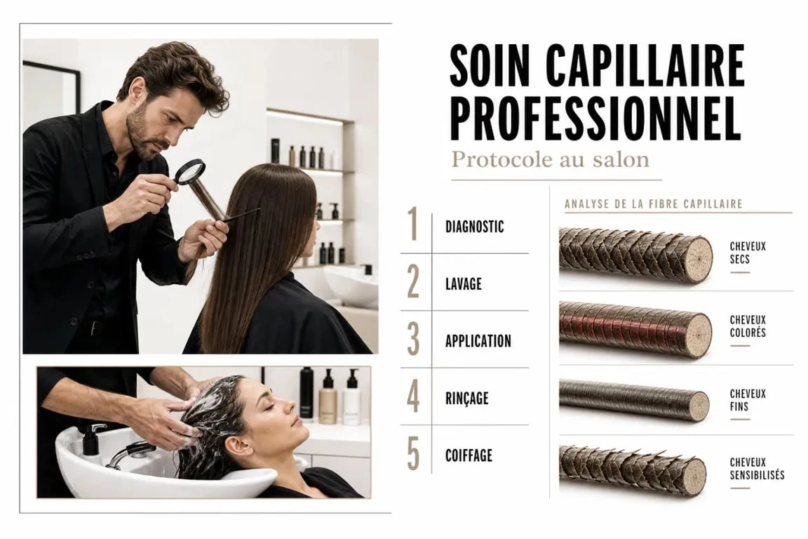 Soin cheveux coiffeur en salon avec diagnostic capillaire et application d’un soin professionnel
