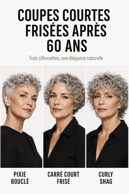 Coupe cheveux frisés courts femme 60 ans : trois inspirations de coupe courte élégante pour cheveux frisés