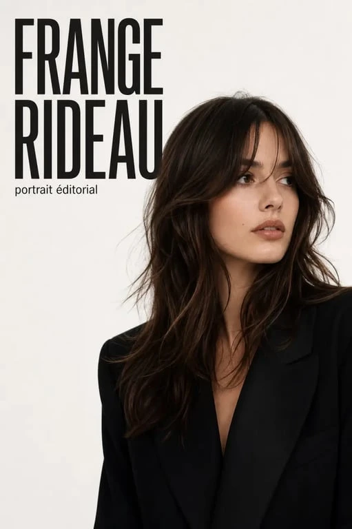 Frange rideau brune sur cheveux longs en portrait éditorial