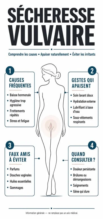 Sécheresse vulvaire traitement naturel : infographie sur les causes, les gestes doux et les solutions hydratantes