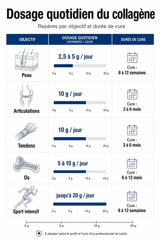 Combien de collagène par jour : infographie des doses recommandées selon l’objectif
