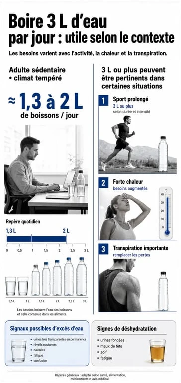 Infographie sur boire 3l d eau par jour : repères d’hydratation, bénéfices et risques