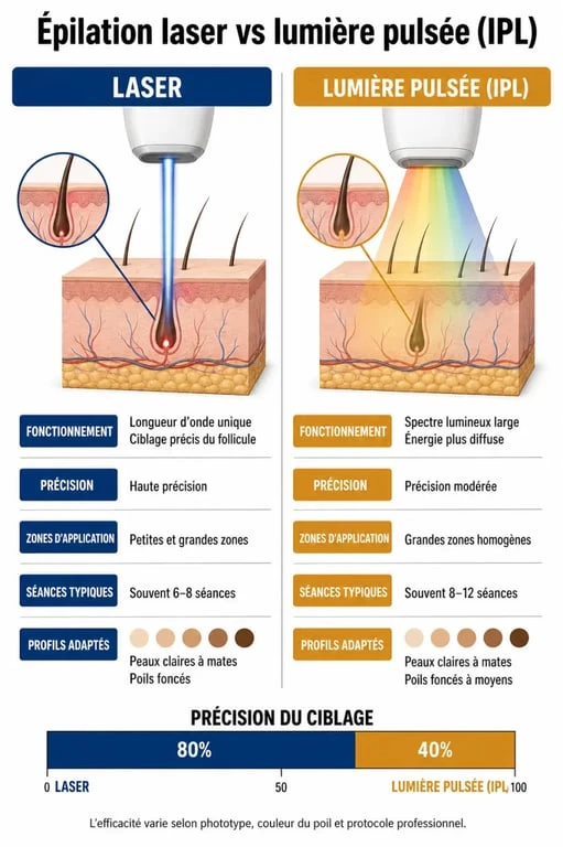 Infographie comparative des technologies d'épilation définitive : laser vs lumière pulsée pour appareil épilation définitive