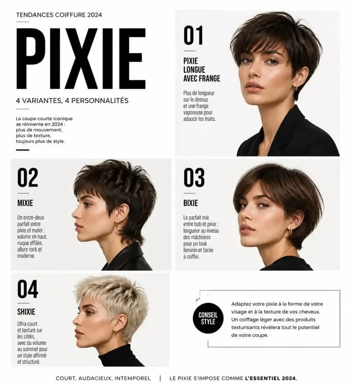 Coupe pixie 2024 : illustration des principales variantes de coupe pixie longue, mixie, bixie et shixie