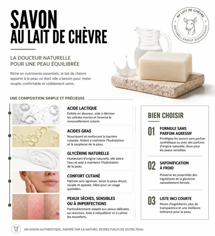 Infographie sur les savon lait de chèvre bienfaits pour la peau, avec composition et conseils de choix