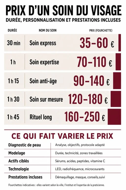 Infographie sur le soin du visage prix avec comparaison des tarifs selon la durée et le type de prestation