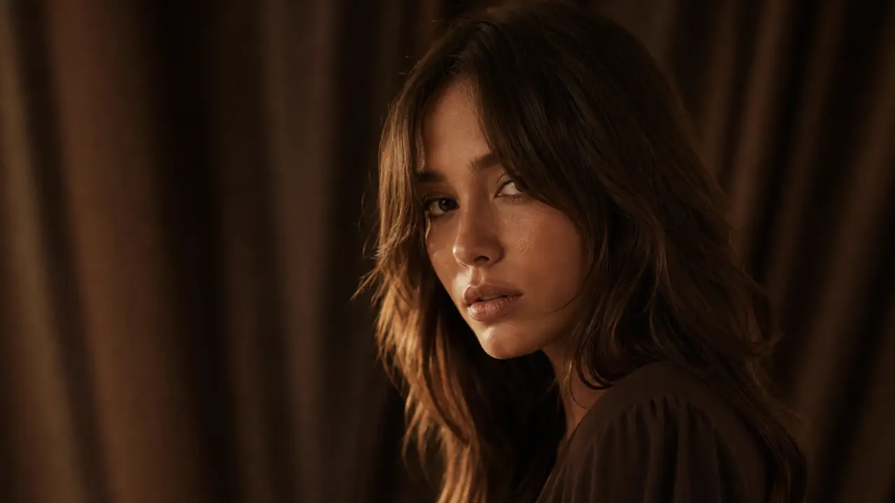 Frange rideau brune encadrant le visage, cheveux bruns chocolat