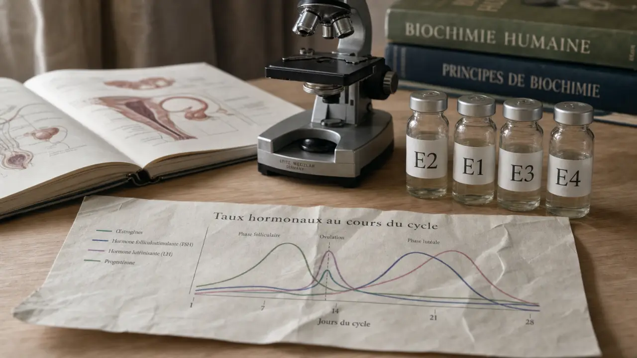Oestrogene effet sur le corps : flacons E2 E1 E3 E4 et diagramme des taux hormonaux