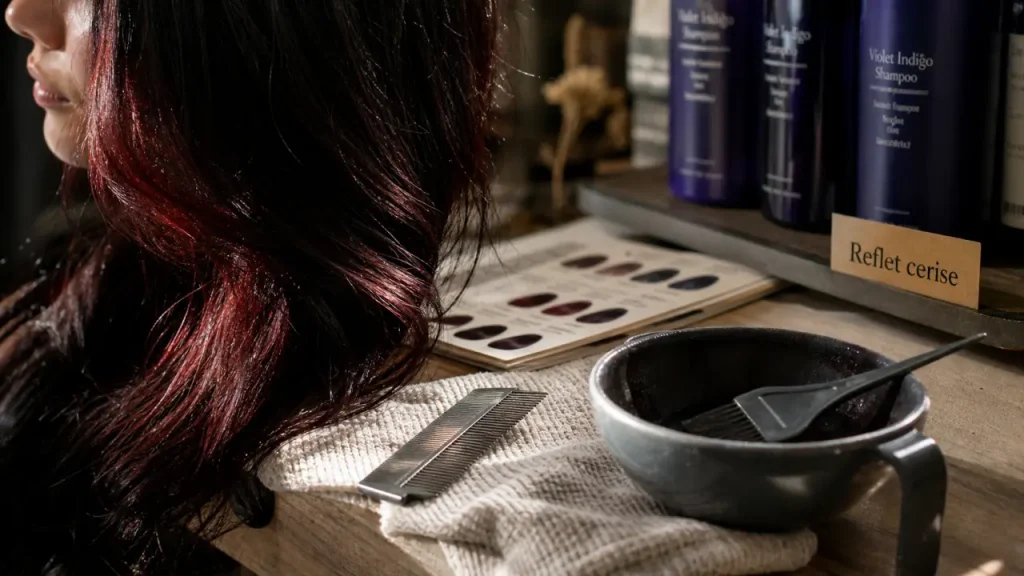 Reflets rouges sur cheveux noirs : méthodes, entretien et astuces de pro