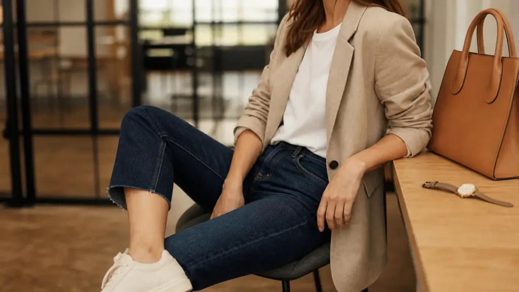 Jean, blazer, baskets : la formule casual chic femme qui reste élégante sans en faire trop
