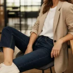 Casual chic femme : blazer beige, jean brut et baskets crème, look élégant