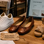 Chaussur tendance femme : baskets, ballerines et sandales sur table bois, focus produit