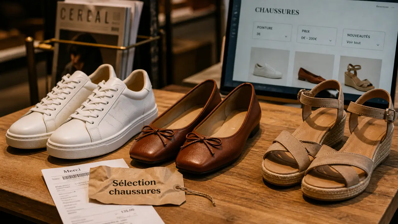 Chaussur tendance femme : baskets, ballerines et sandales sur table bois, focus produit